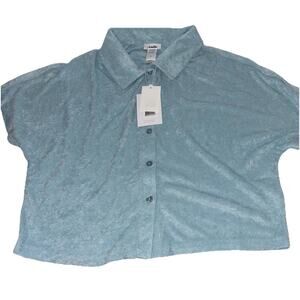 Andie Swim The Cropped Button Up Swim Coverup Terry Shirt Cabana Blue Size S NWT